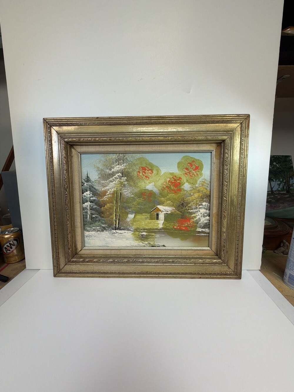 W. Hillman Original Framed Winter Cabin Landscape Oil Painting